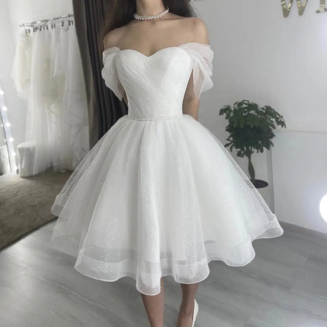 White Bridesmaid Dresses: Wedding Dress Lace Up Back Off The Shoulder Knee Length
