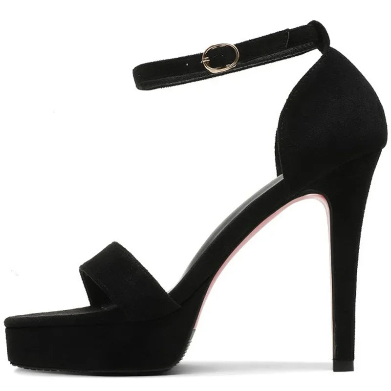2024 New Summer Women 12cm High Heels 2cm Platform Suede Black Sandals Lady Stiletto Heels Strappy Sandles Catwalk Fetish Shoes