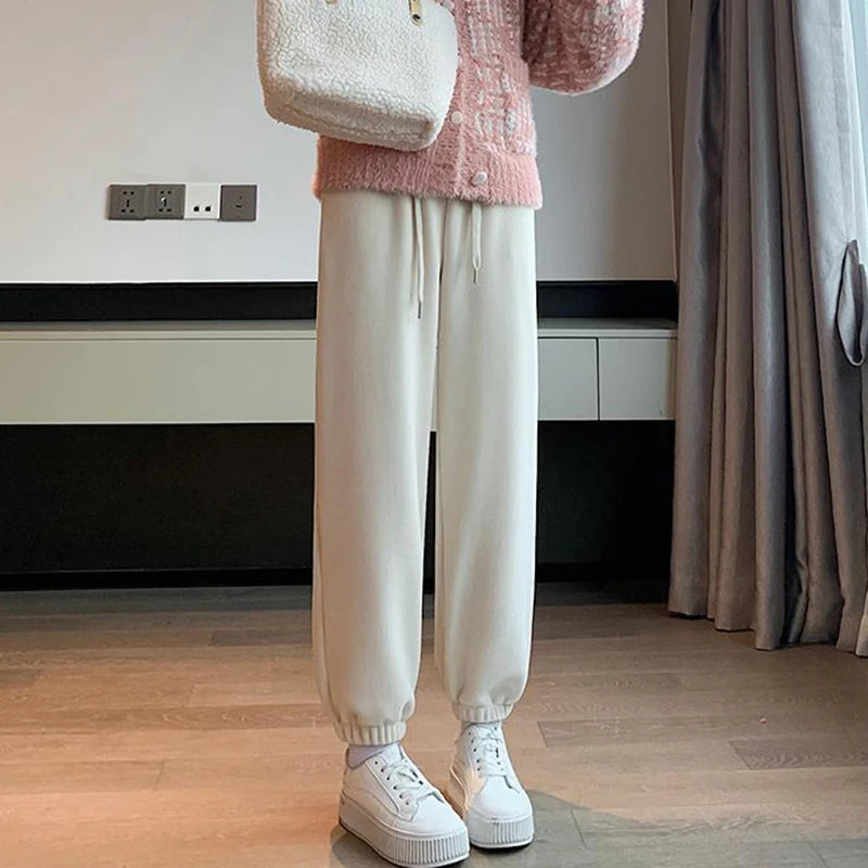 thick warm pants women vintage pink plush casual high waist sweatpants
