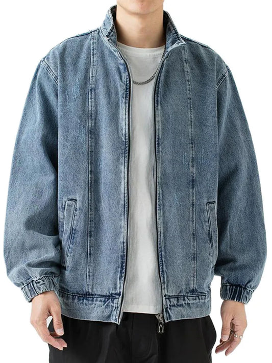 Stand Collar Denim Jacket Men Casual Autumn Zip Closure Jacket