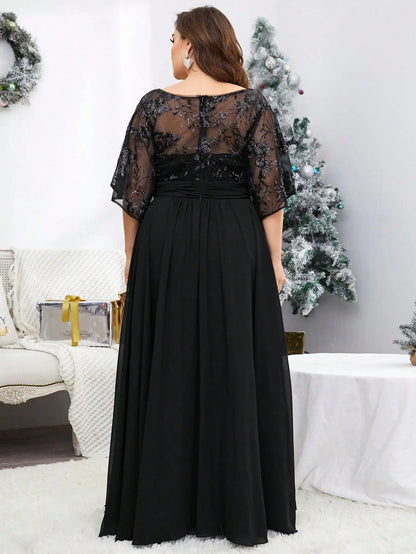 Mgiacy plus sizeV-neck sequin embroidered See-through large trumpet sleeve patchwork chiffon full skirt Evening gown Ball dress