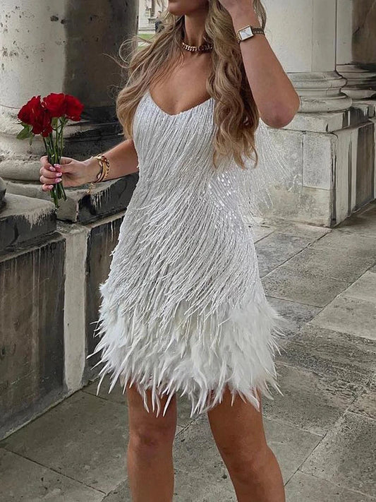 Women Sling Sequined  Evening Dress Luxury Sleeveless V Neck Tassels Feather