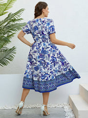 Plus Size Women Flower Print V-Neck A-Line Dresses Elegant Ruffle Short Sleeves