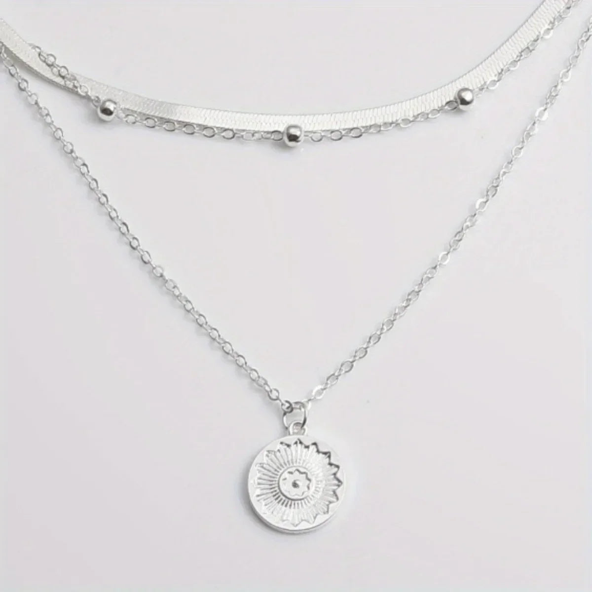Multi-layer Chain Necklace Alloy Material Silvery Three-layer All-match Design Women's Snake Bone Chain with Round Bead Chain