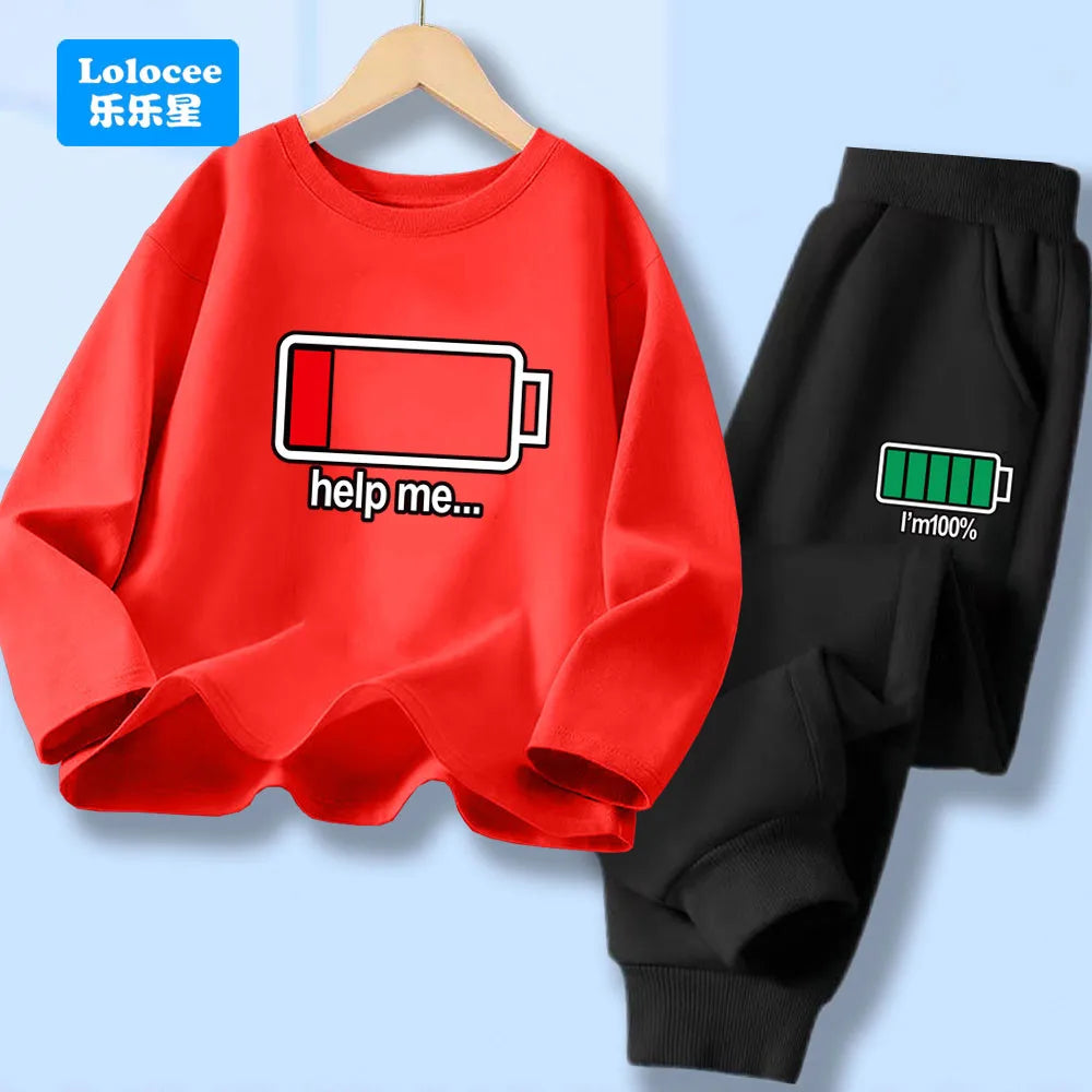 Autumn Kid Boy Long Sleeve 2pcs Clothes Set Children Funny Battery Letter Printed T-shirt Pullover Top And Pants Tracksuits DCW1