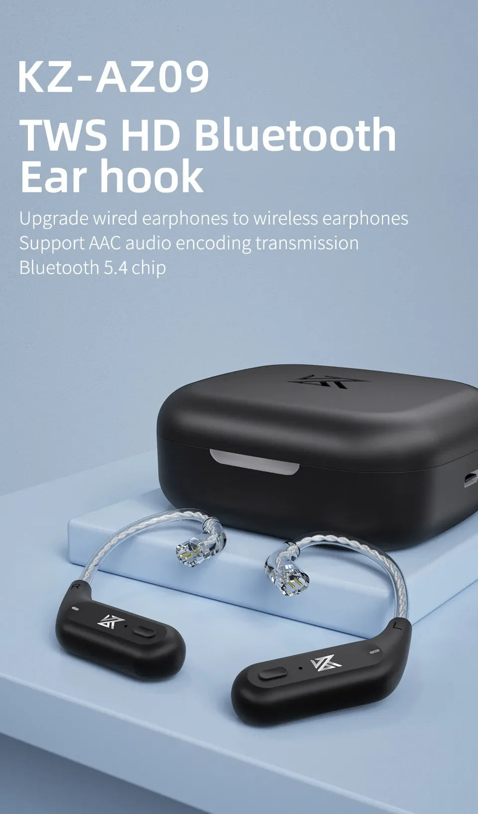 KZ AZ09 Wireless Upgrade Cable Bluetooth-compatible 5.2 HIFI Wireless Ear Hook C PIN Connector With Charging Case