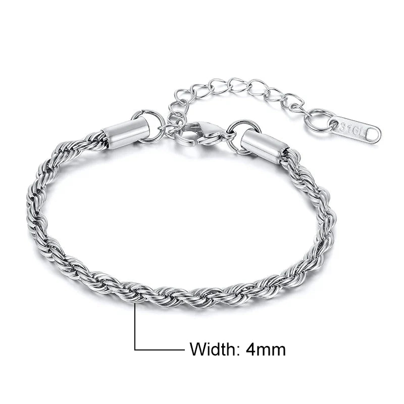 Vnox Unisex Rope Chain Bracelets for Men Women, Stainless Steel Twisted Links Chain Bracelet,Simple Classic Jewelry Gift for Him