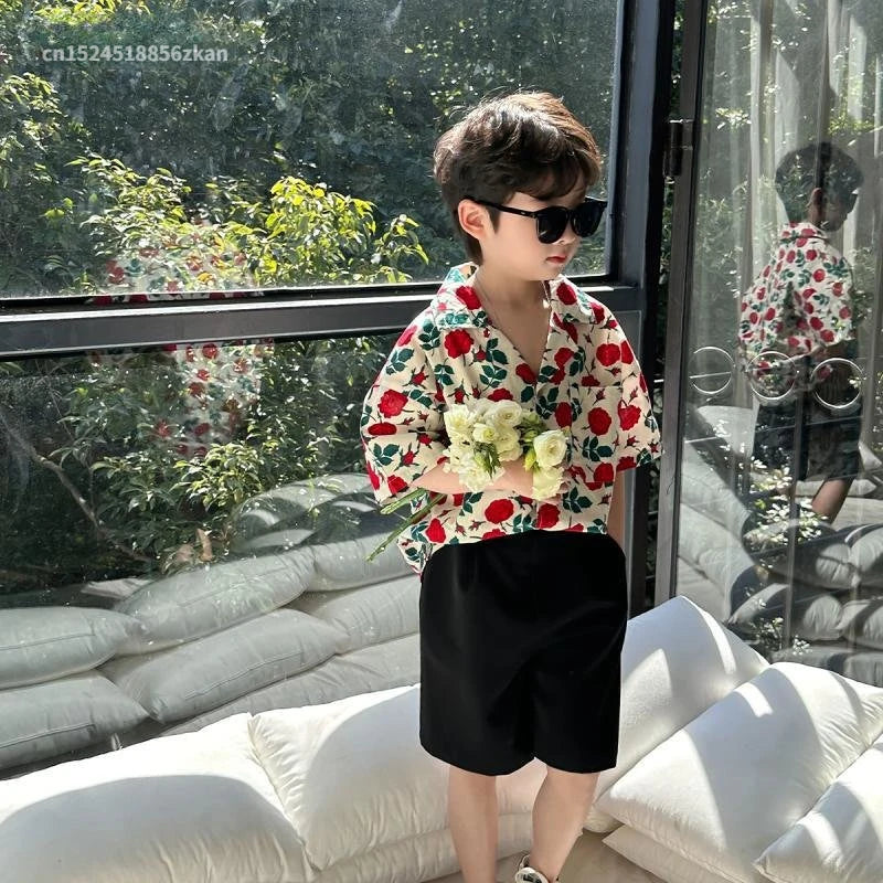 2-11T Kids Boys Clothes Floral Pattern Boy Cotton Blouse Shirt + Short 2pcs Outfits Boy Summer Party Birthday Handsome Clothing