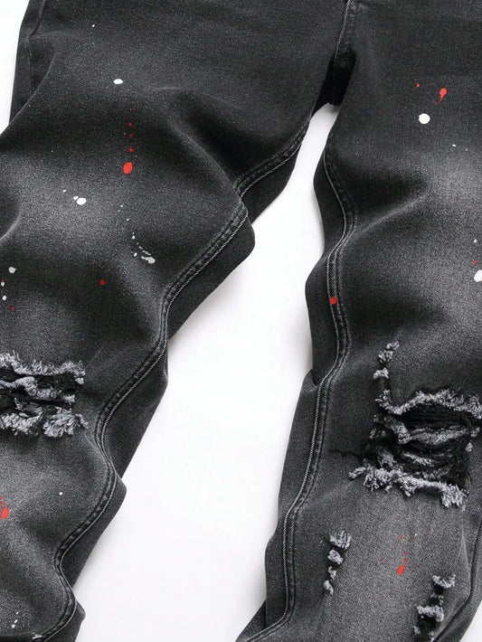 Men Black Skinny Denim Spot Jeans Male Ripped Stretch Fit Jeans Men Slim Trousers