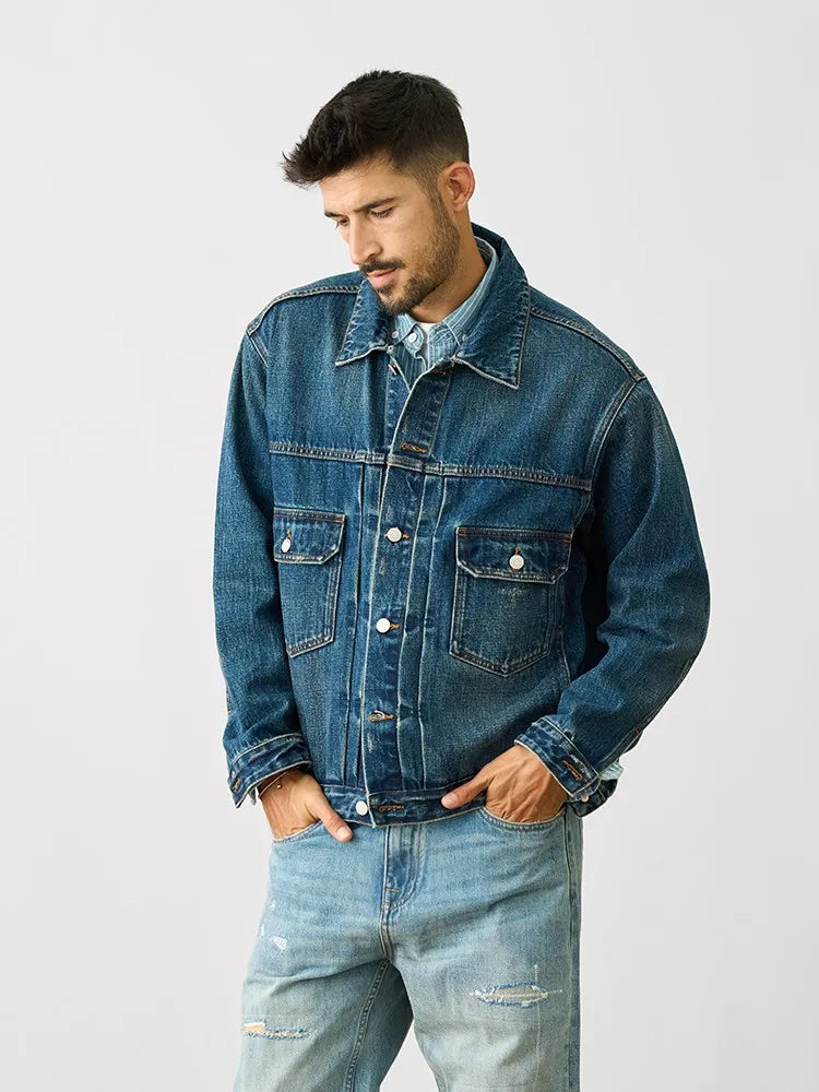 Autumn New Western Style Denim Jacket Men Ruched Design Fashion 15oz Washed Coats