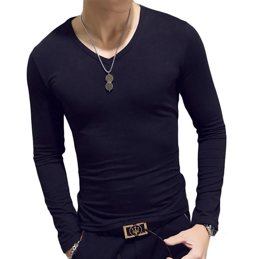 White Solid Color Basic Slim Men T-shirt Spring Autumn Bottoming Shirt Men Round Neck V-neck Casual Tops Long-sleeve Shirts