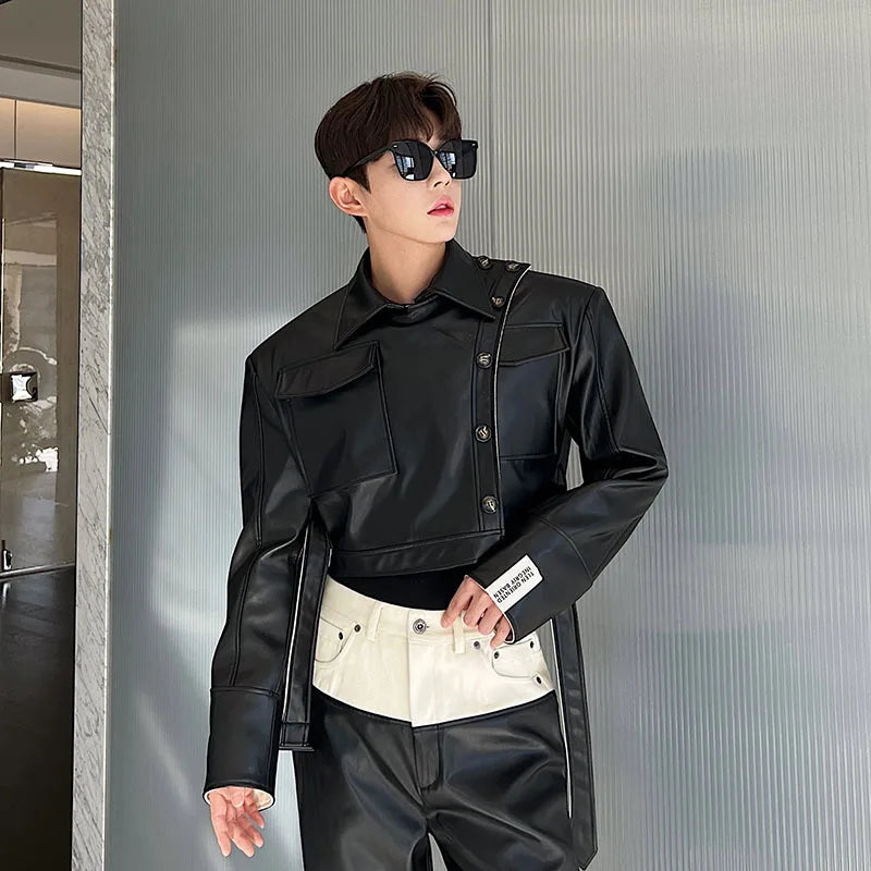 Designer Short Denim Pu Leather Jacket Contrast Color 2023 Turn-down Collar
