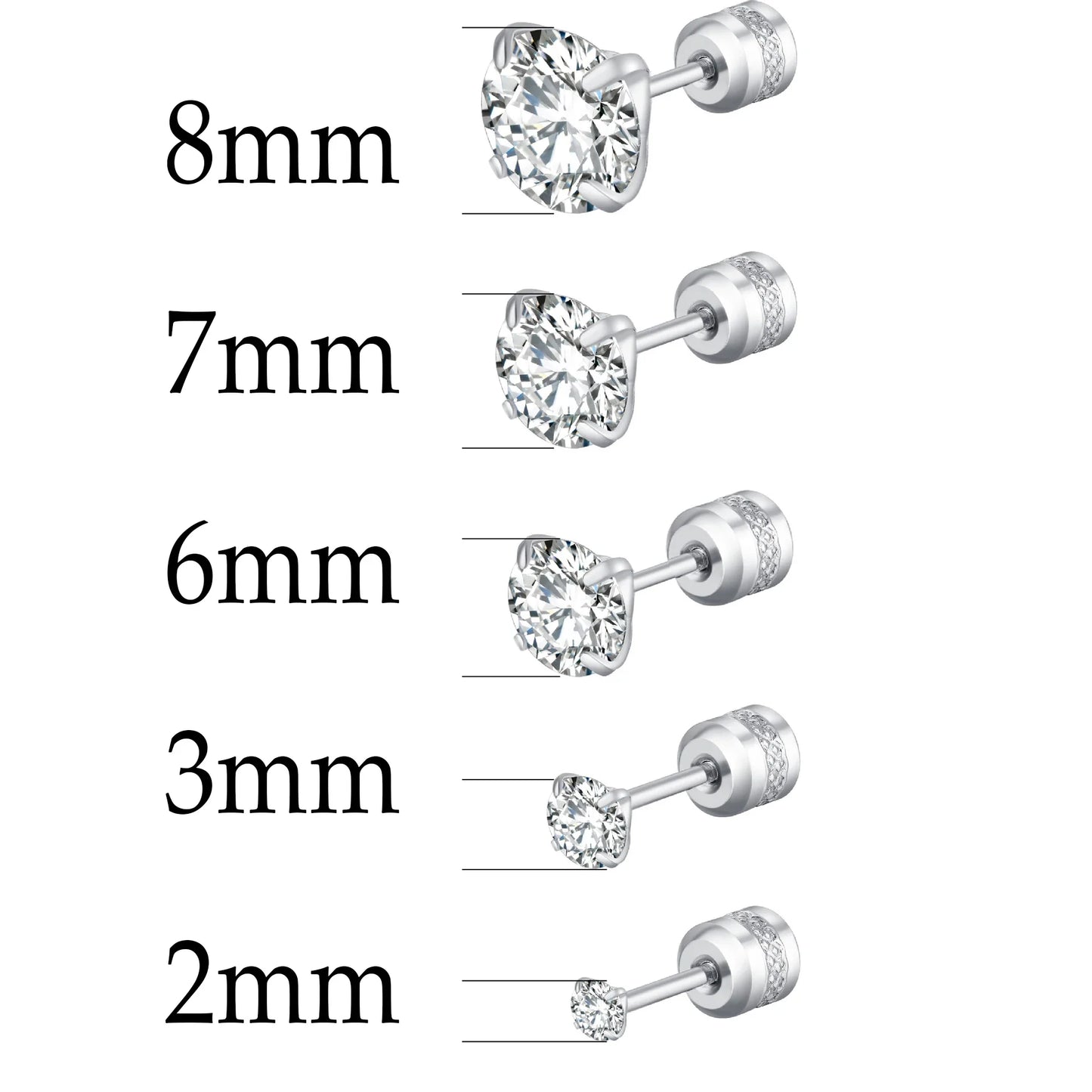 XUBCHC Stainless Steel Round Cubic Zirconia Ear Piercing For Women Men CZ Shiny Silver Color Stud Earrings Black Body Jewelry