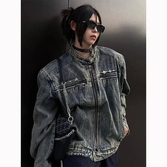 American Vintage Short Denim Jacket Men Woman Hip Hop Washed Metal Buckle Coats