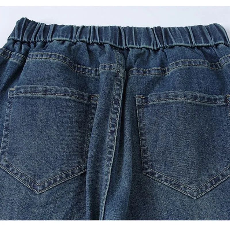 Spring Autumn Women's Elastic Waist Striped Draw Shirring Pockets