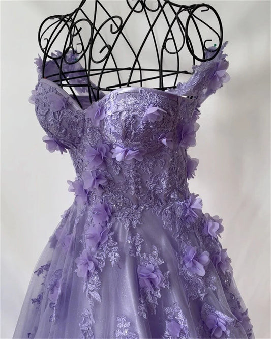 3D Flower Sweet A-line Tulle Evening Dress Purple Prom Dress