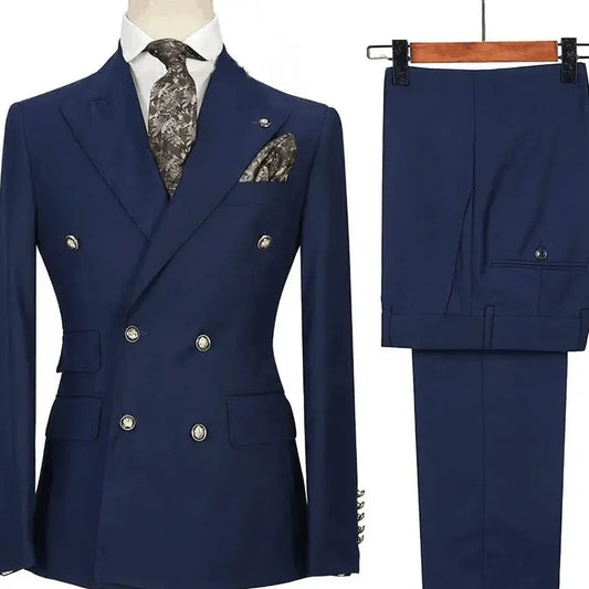 Tuxedo for Mens: Navy Blue Men Suit Two-piece Jacket Pants Double Breasted Buckle