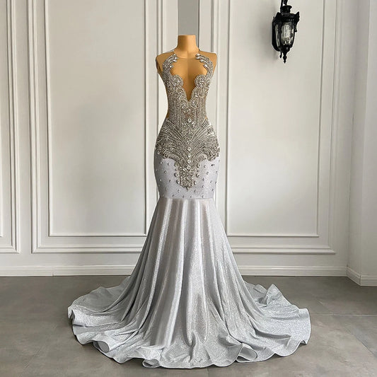 Homecoming Dresses: Women Silver Long Mermaid Prom Dresses Sheer Mesh