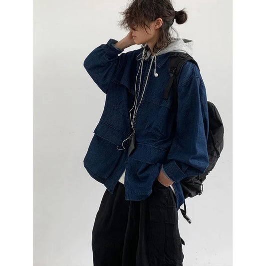 Hooded Denim Jacket Men Women Vintage Detachable Cap Cargo Coat