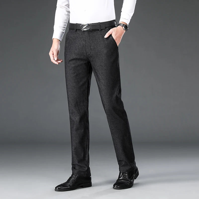 Men's Suit Trousers Cotton Loose Straight Pants for Male High Waist Elastic Black