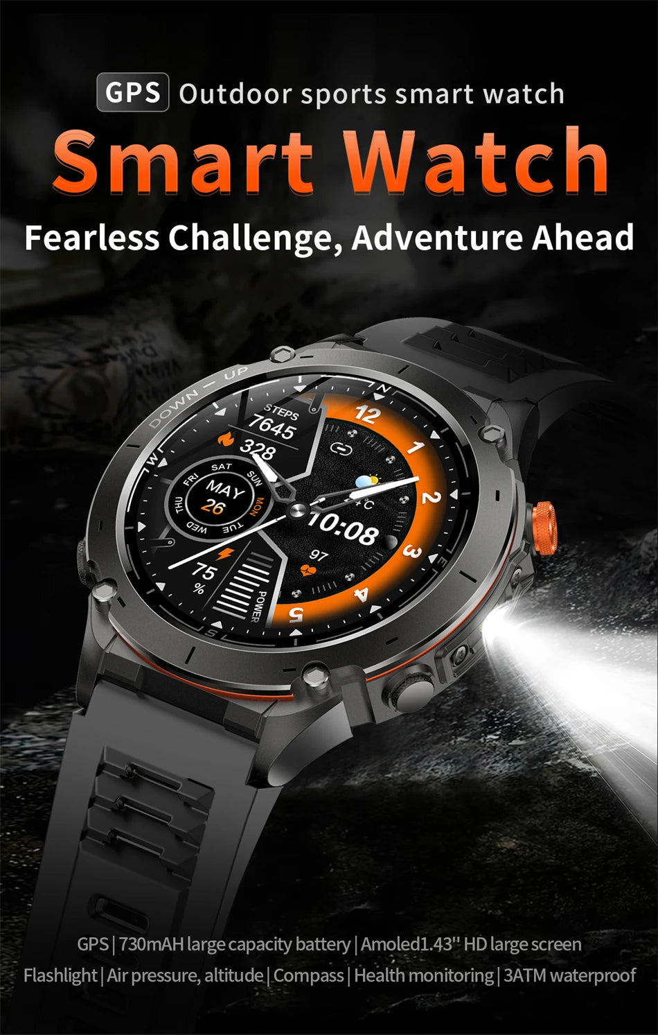 New Men Outdoors Sports Military GPS SmartWatch 10ATM Waterproof 730mAh High Battery Compass NFC HD Call For Android IOS Watch