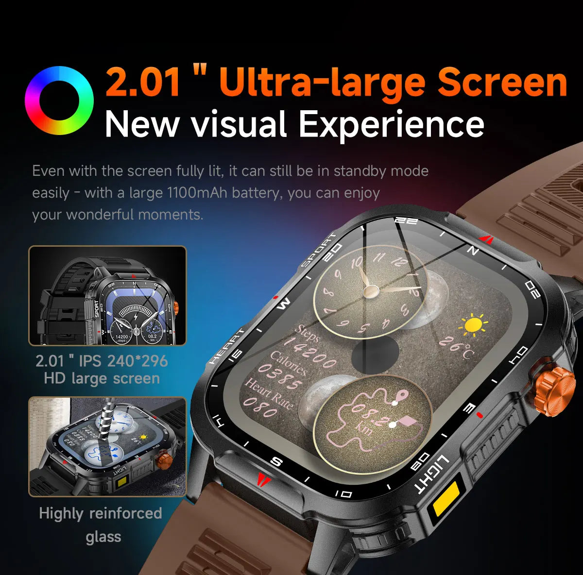New Global Smartwatch 2.01 Inch 1100mAh Large Battery LED Light Compass Men Outdoor Sport Watch Voice Assistant Wireless Call