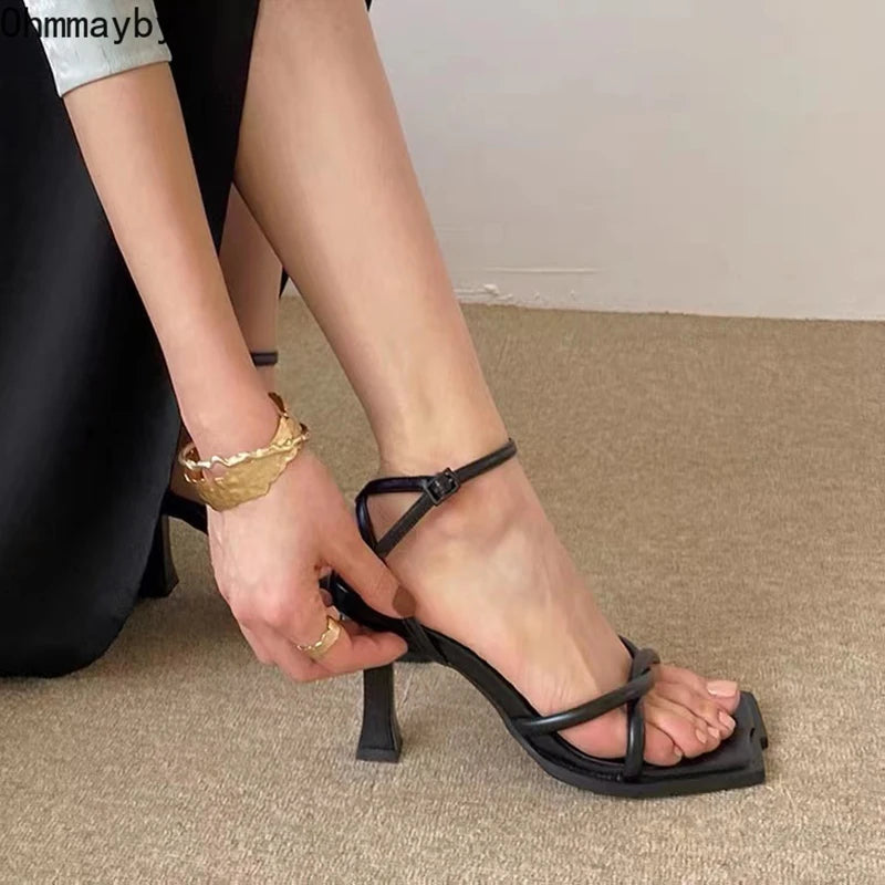 2024 Summer Narrow Band Heel Sandals Women Thick Heel 7 CM Ankle Strap Fashion Square Toe Ladies Dress Sandalias Women's shoes