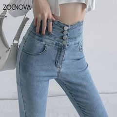 Skinny Pencil Jeans Four Buttons Vintage High Waist Women Slim Stretch Denim Pants