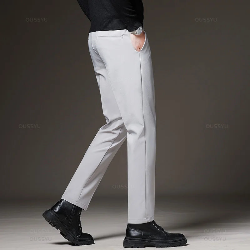 Men‘s Suit Pants Slim Business Office Elastic Waist Thin Black Grey Classic Pant