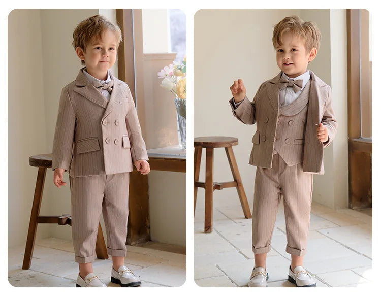 Children's Boys Khaki Striped Suit Set Formal Luxurious Kids Boys Wedding Suit Elegant Kids Boy Suit 1-10Y Boys Suits Outfit Set