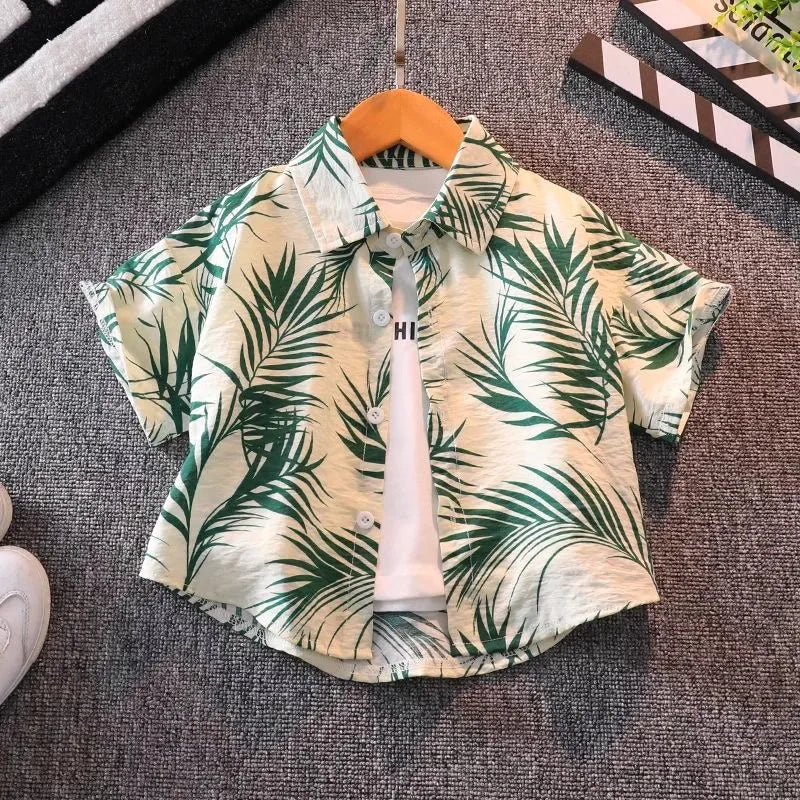 Children's short-sleeved shirt summer beach seaside boys flower shirt baby summer top boys shorts set