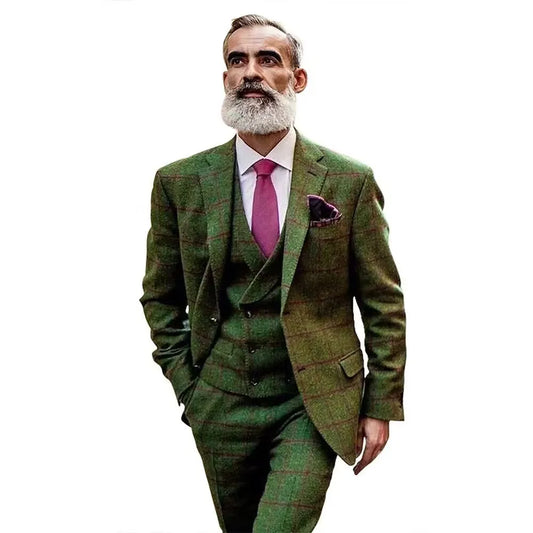 Green Woolen Plaid Men Suits Slim Fit Wedding Groom Tuxedo Notch Lapel Business Party 3 Piece Set Costume Homme Jacket Vest Pant