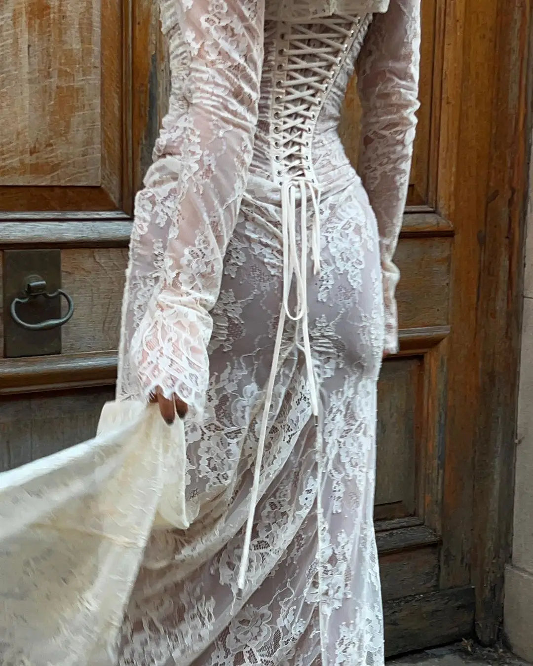 Maxi Dress: Hollow Out Lace | Long Sleeve Cape 2 Piece