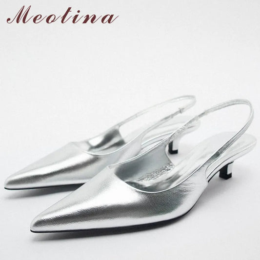 Meotina Women Genuine Leather Slingbacks Pointed Toe Block Mid Heels Pumps Buckle Ladies Fashion Spring Autumn Shoes Green 42