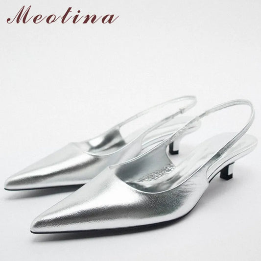 Meotina Women Genuine Leather Slingbacks Pointed Toe Block Mid Heels Pumps Buckle