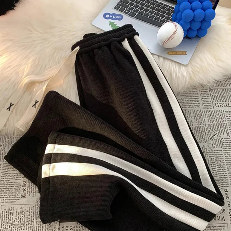 Fall Striped Corduroy Sweatpants Women High Waist Drawcord Loose Wide Leg Pants