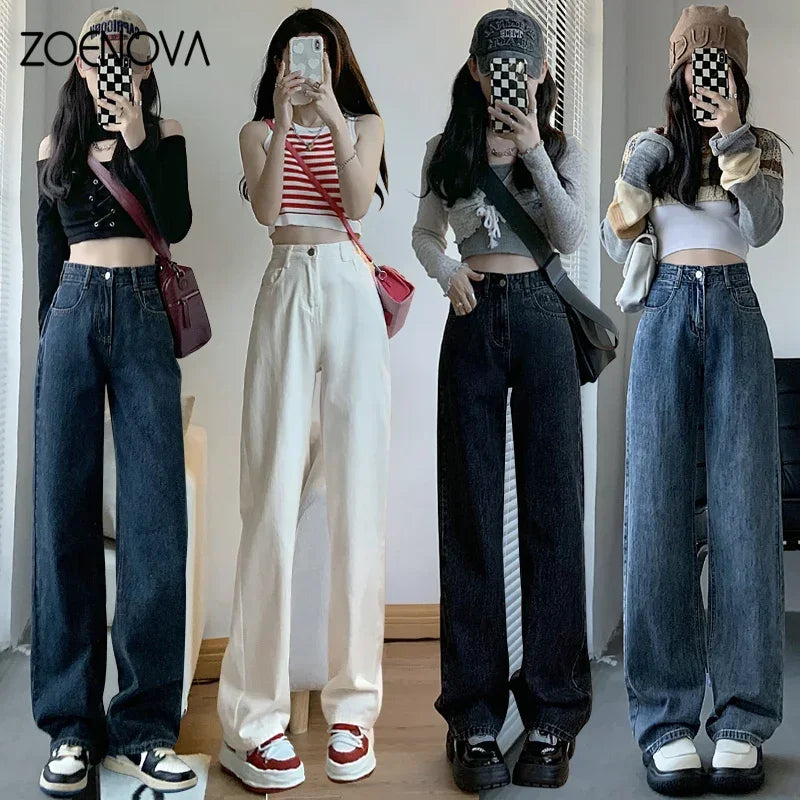 High Waisted Jeans Y2K Fashion Women Clothing Blue Black Straight Leg Denim