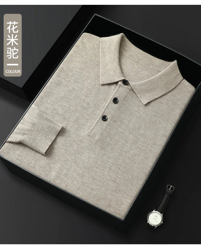 Spring Autumn Men Shirt  Merino Worsted Wool Knitted Pullover Long Sleeve Polo-Collar Clothing Tops Smart Casual Thin Outerwears
