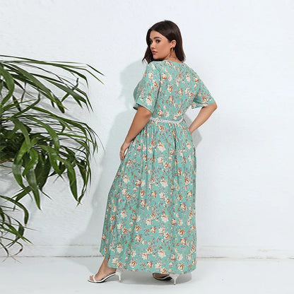 French style western-style oversized dress with cotton, cotton, silk, lace, and floral hem plus size women clothing