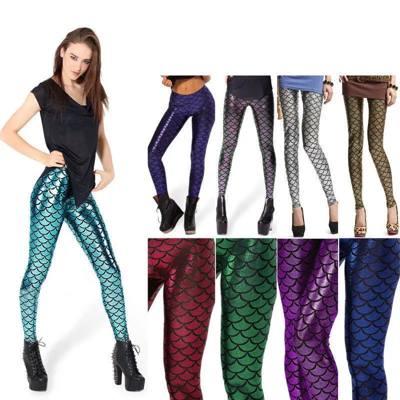 Fashion Shining Mermaid Fish Scale Leggings Women Silky Sparkling Simulated Leather