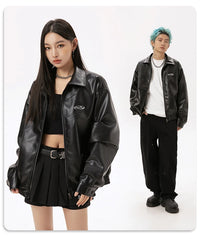 Metal Printed Black PU Leather Jacket for Men and Women, Trendy Brand