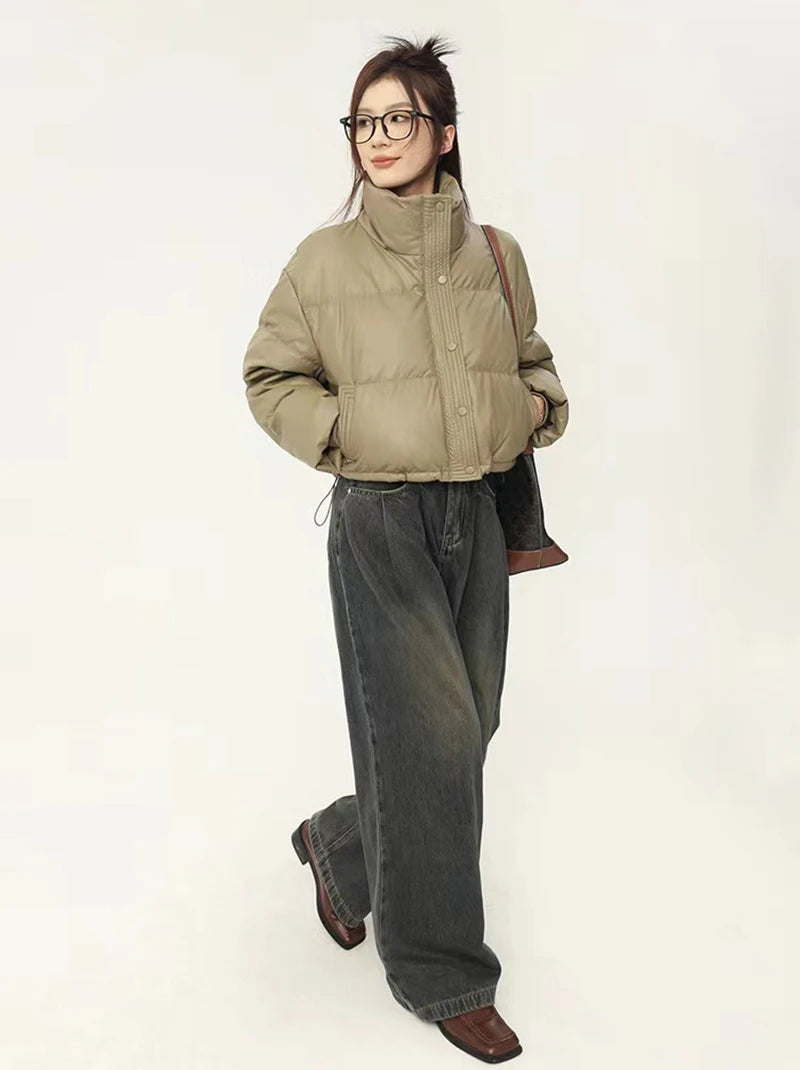 Winter Warm Short Parkas Women Y2K Fashion Pu Leather Crop Puffer Jacket Female