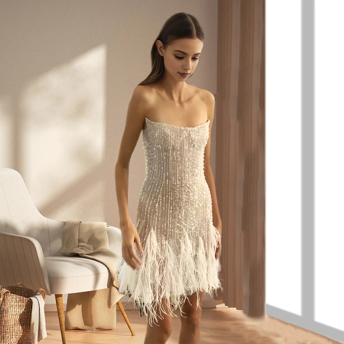 Chic  Elegant Dress Stretchy Tassel Sequins Decor Sexy Bodycon Mini Dress Pure Colors Above Knee Summer Dress Club Wear