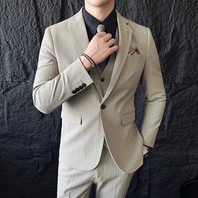 ( Blazer+Vest+Pants ) Brand Striped Men's Casual Business Suit 3Pcs Set Groom's Wedding Slim Suit Male Jacket Wais