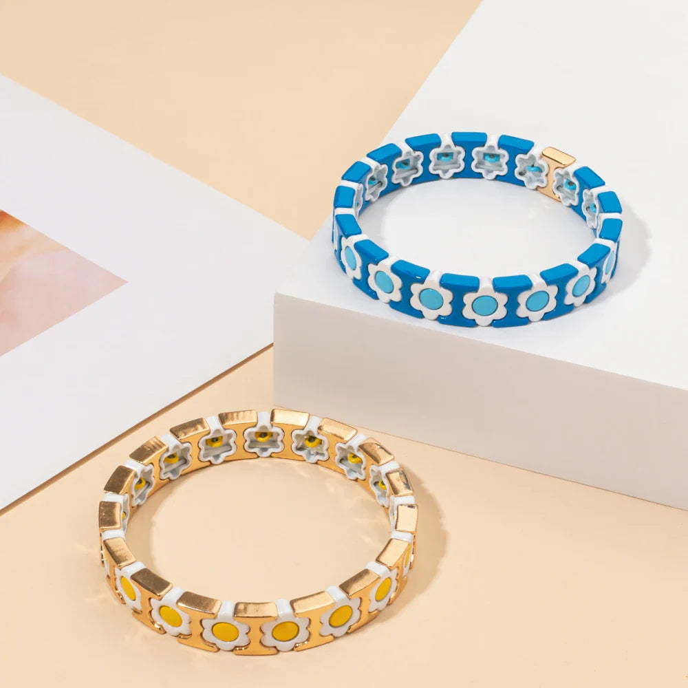 New Design Colorful Flower Charms Bangle For Women Handmade Bohemian Elastic Flower Bracelets Metal Beads Jewelry