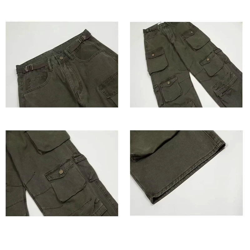 Popular Rice White Multi-pockets Overalls Harajuku stays Men Loose Casual Trousers