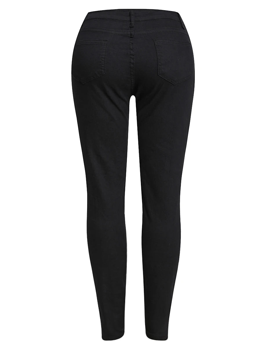 LW Mid Waist High Stretchy Ripped Solid Skinny Jeans Summer Elastic Trousers