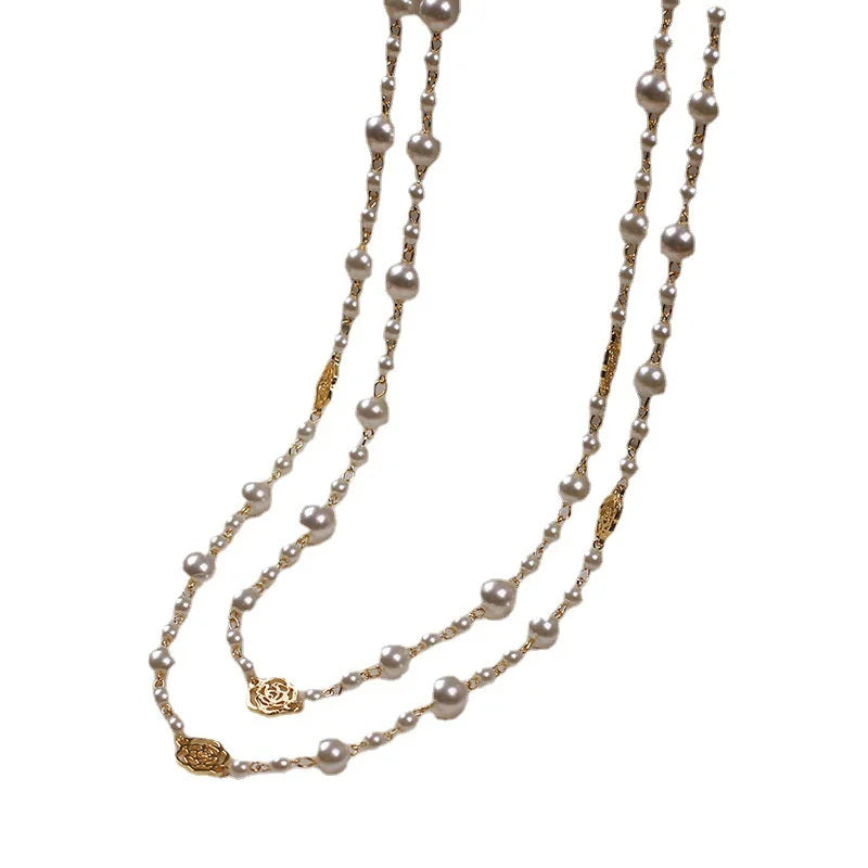 Vintage Lady Camellia Pearls Flower Long Necklace Chain Elegant Double Layers