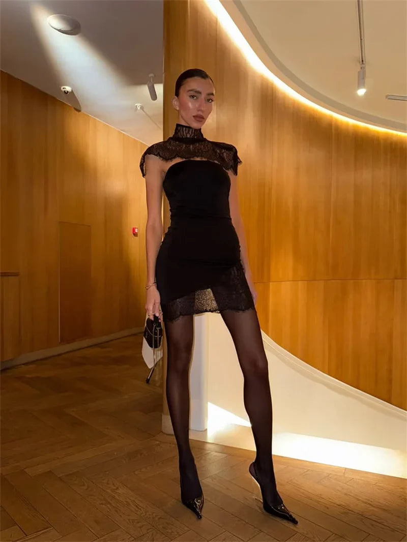 Mozision Lace Backless Sexy Mini Dress Women Gown Elegant See Through Turtleneck Sleeveless Bodycon Club Party Dresses Female