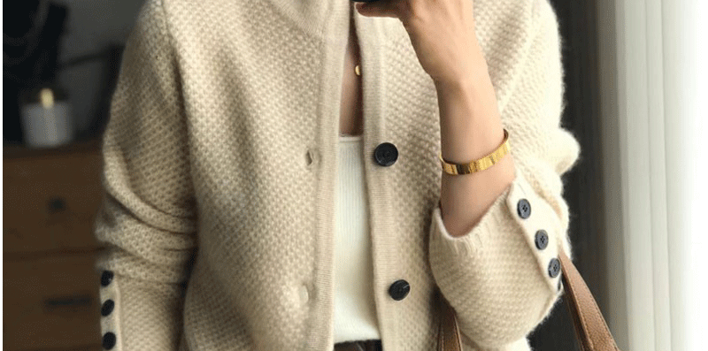 Autumn Winter Thickened 100% Cashmere Wool Cardigan Women Stand Neck